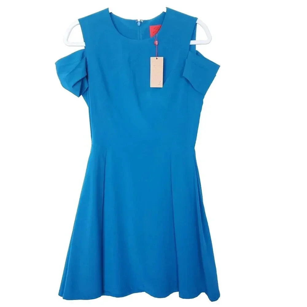 Z Spoke Zac Posen Dress Womens Size 4 Blue Cold Shoulder Fit And Flare NWT - Picture 4 of 16